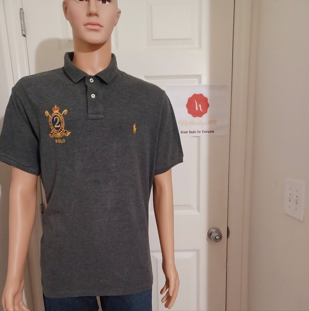 Polo Ralph Lauren Grey Crest Embroidered Custom Fit Mens Short Sleeve Button Up